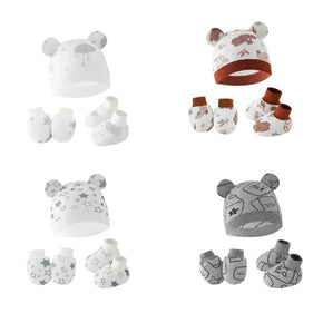 Newborn Baby Hat, Anti Scratch Gloves and Socks Set Cotton Headwear Anti-grab Mittens and Foot Cover for Boys Girls