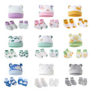 3Pcs Baby Accessories Socks+Bear Ear Hat+Anti Scratching Gloves Newborn Infant Cotton Comfortable Foot Cover Caps Glove Set 0-6M