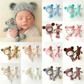 Newborn Photography Props Baby Bear Caps Rabbit Dolls Girls Boy Infant Baby Crochet Knitted Hat Photoshoot Accessories